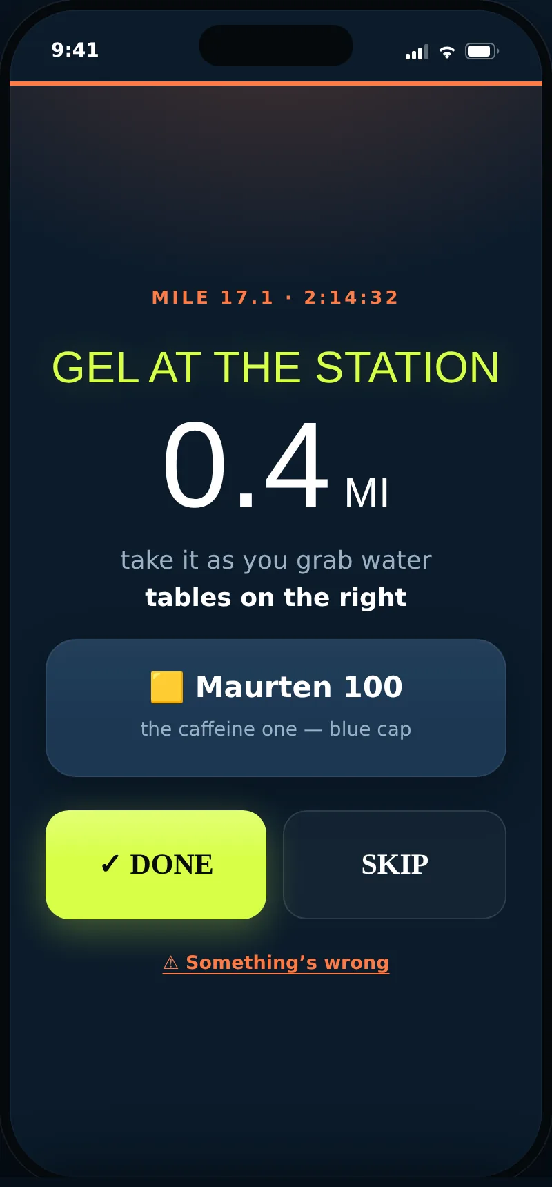 CarbRate live race guidance: gel at the station in 0.4 miles