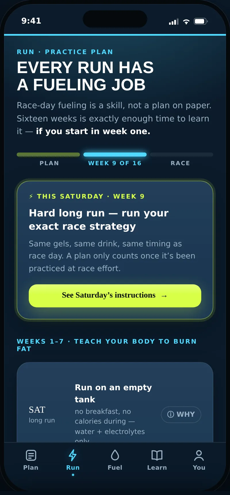 CarbRate practice plan: every run has a fueling job, week 9 of 16