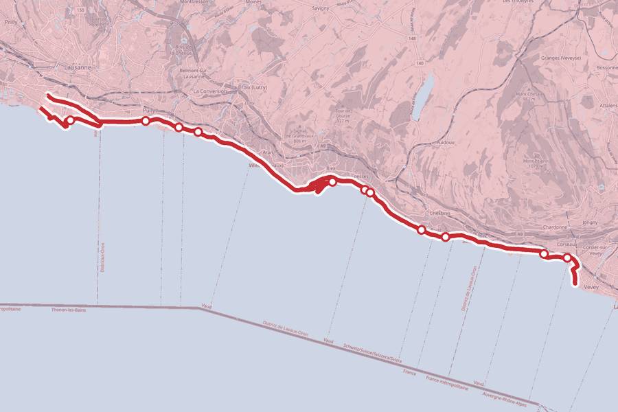 Course map of the Lausanne Marathon, with a dot at every aid station