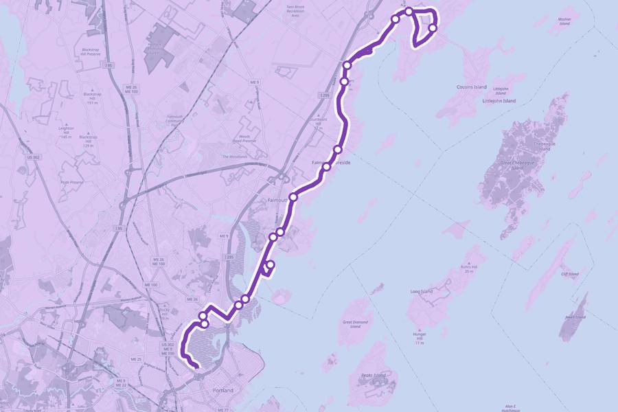 Course map of the Maine Marathon, with a dot at every aid station