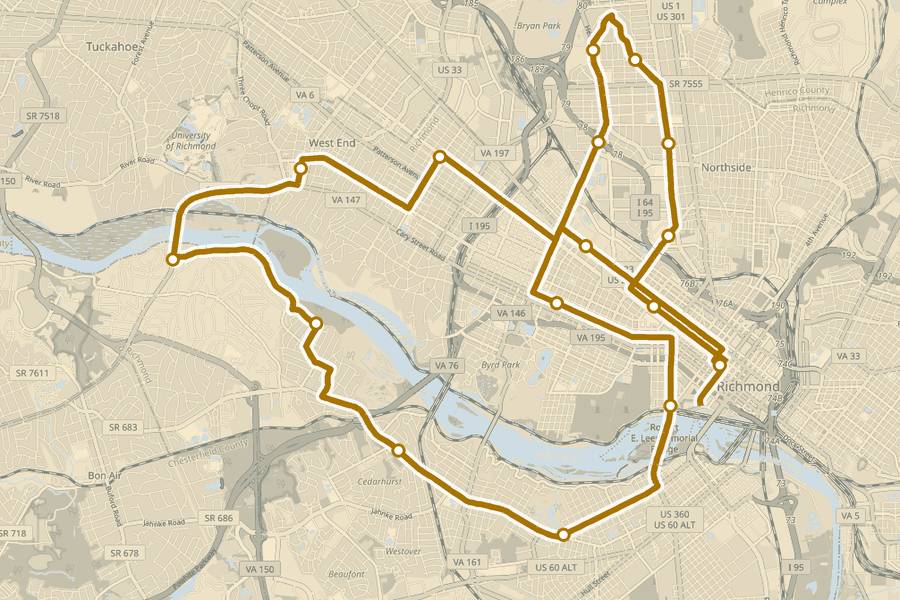 Course map of the Richmond Marathon, with a dot at every aid station