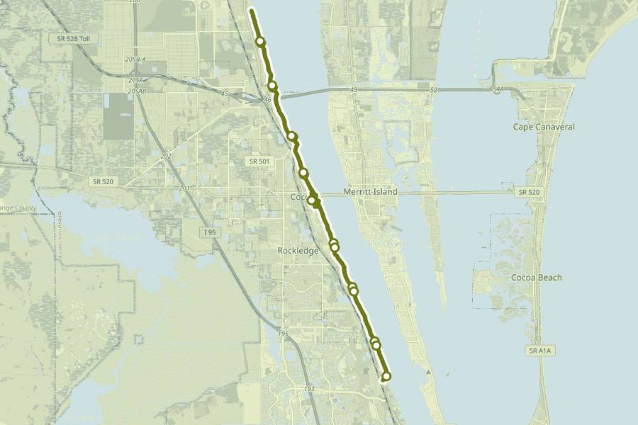 Course map of the Space Coast Marathon, with a dot at every aid station