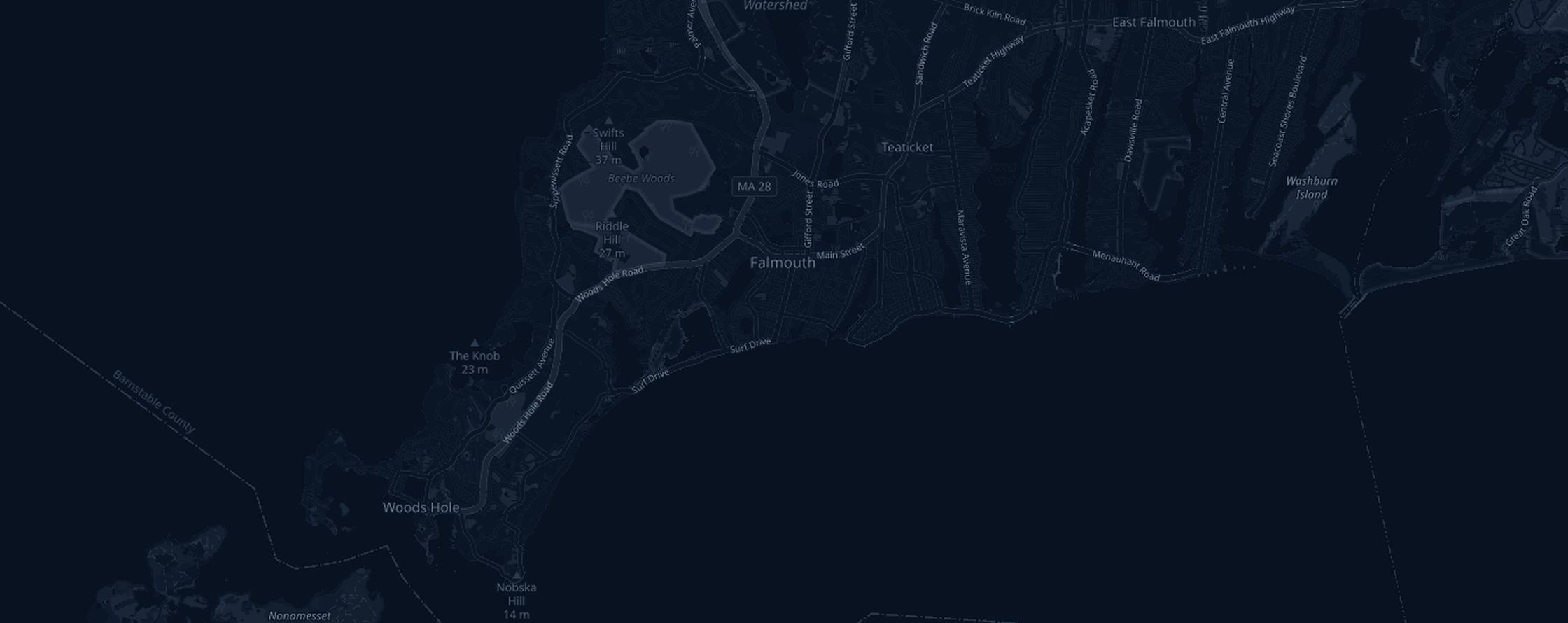 Map of the Cape Cod Marathon course with the 16 aid tables marked